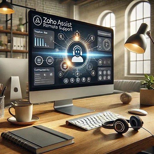 A modern office setting with a desktop screen displaying Zoho Assist's remote support interface, surrounded by a professional workspace setup including a headset, notebook, and coffee cup, showcasing a seamless and efficient remote support environment